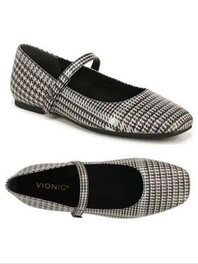 VIONIC Alameda Mary Jane Flats Size 8 Black White Metallic Houndstooth NEW